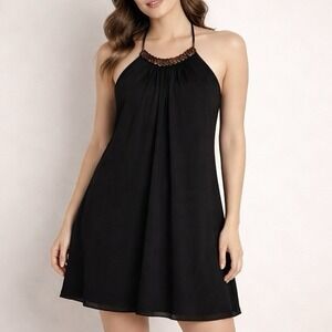 IZ‎ Byer Y2K Mini Dress Black S Wooden Neckline Halter Festival Tribal Bohemian